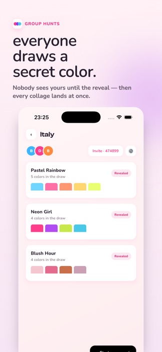 Color Hunt — Group hunt, everyone draws a secret color from the same palette
